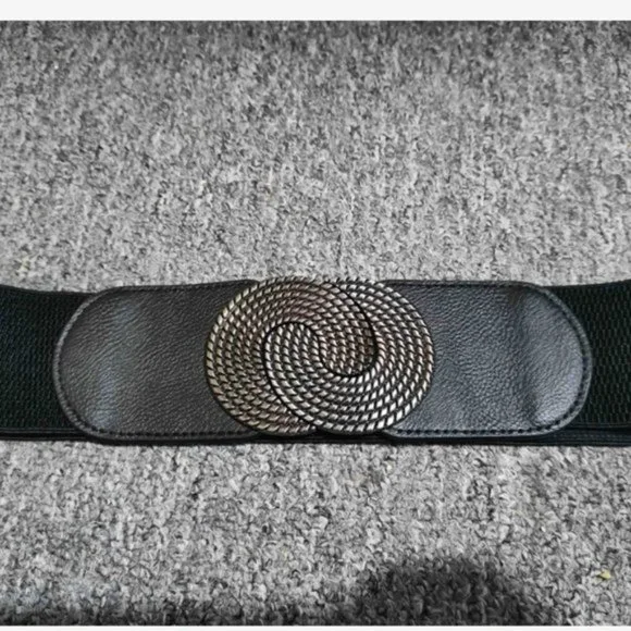 Black Symmetrical Round Buckle Wide Elastic Belt - Picture 7 of 9